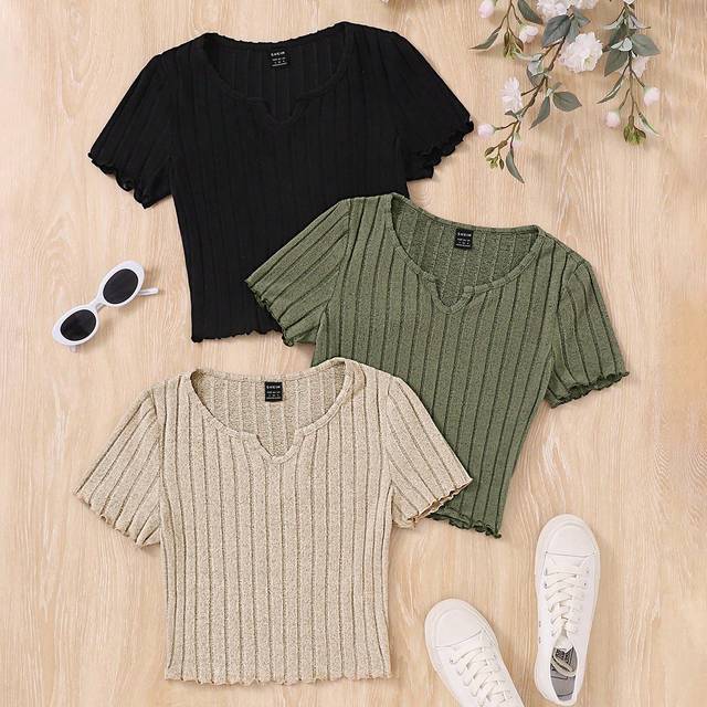 Luneh 3pcs/Set Women&#39;s Knitted Short Sleeve T-Shirt With Distressed Hem And Notched V-Neck