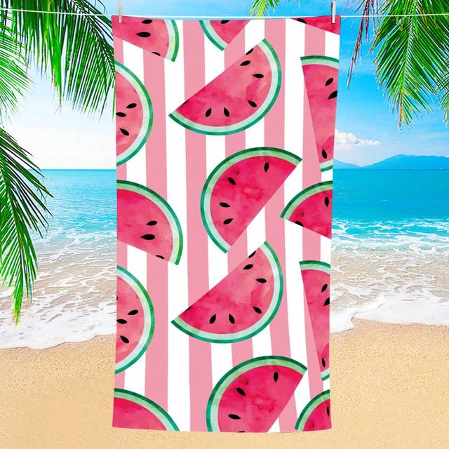 SHEIN 1pc Striped Fruit Watermelon Beach Towel, Ultra-Fine Fiber Oversized Beach Mat, Super Absorbent Bath Towel, Suitable For Travel, Swimming, Diving, Sur