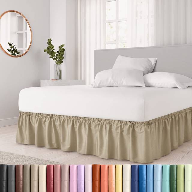 Wrap Around Dust Ruffle Bed Skirt - Beige - Bed Skirt for Full Size Beds with 12 in. Drop - Easy Fit Elastic Strap - Pleated Bedskirt with Brushed Fab