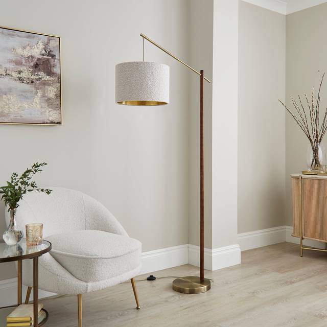 Hazelle Boucle Wooden Floor Lamp - Off-White