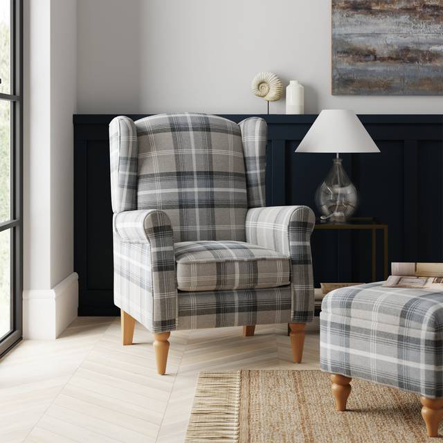 Oswald Check Wingback Armchair - Grey Oswald Wingback