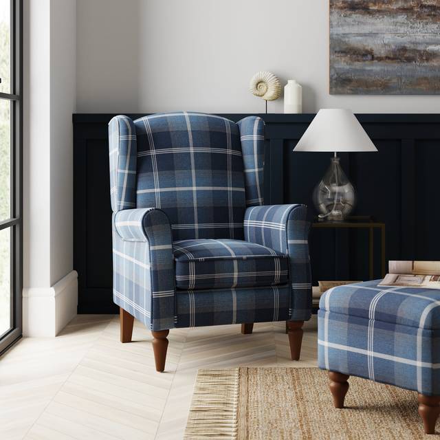 Oswald Check Wingback Armchair - Navy Oswald Wingback