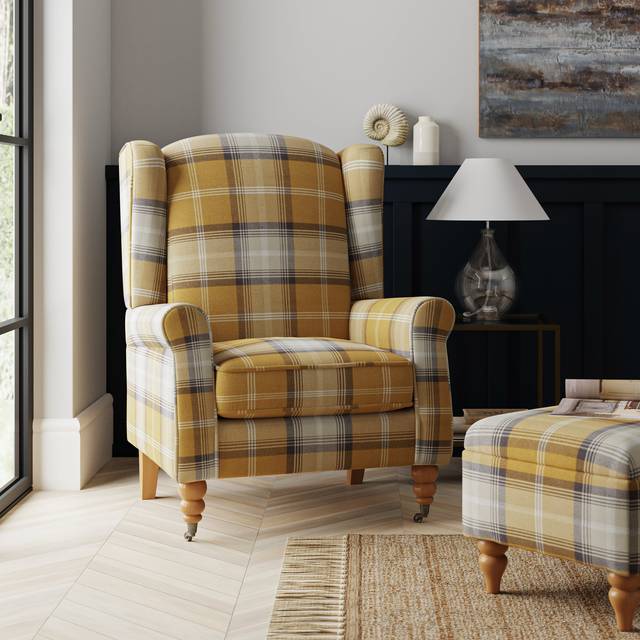 Oswald Grande Check Wingback Armchair - Old Gold Oswald Wingback