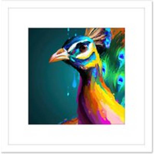 Peacock Bird Vibrant Bright Modern Contemporary Watercolour Painting Multicoloured Square Wooden Framed Wall Art Print Picture 8X8 Inch - White - One - One Size