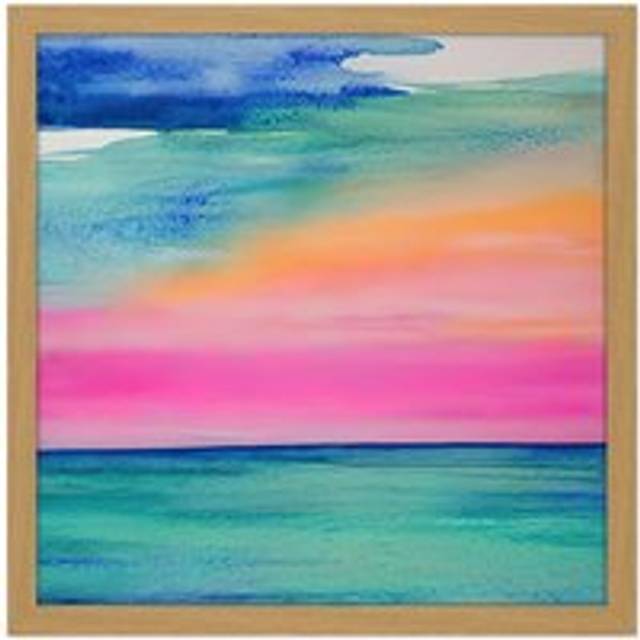 Wall Art Print Modern Hazy Pink And Orange Seascape Watercolour Sea Square Framed Picture 16X16 Inch - Tan - W16 inch x H16 inch