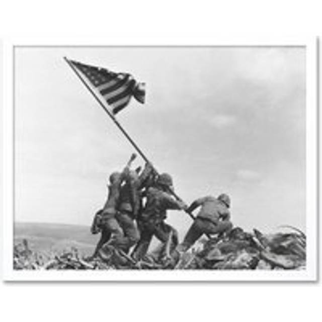Wall Art Print Joe Rosenthal Marines Raising American Flag 1945 Photo Iwo Jima Iconic WW2 Black and White Art Framed - W12 inch x H16 inch