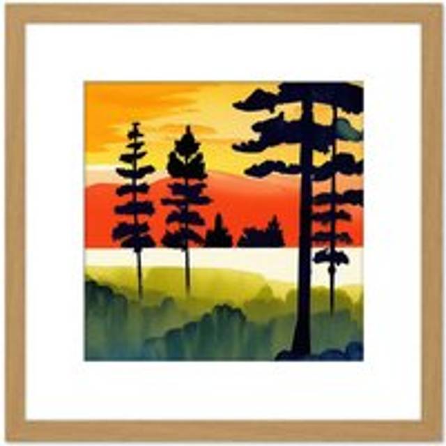 Sunset Forest Tree Silhouette Yellow Orange Landscape Watercolour Painting Square Wooden Framed Wall Art Print Picture 8X8 Inch - Tan - One Size