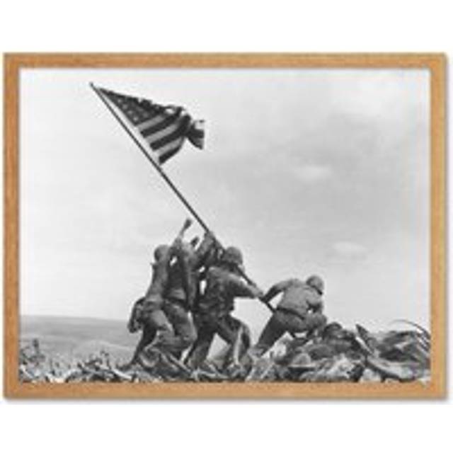 Wall Art Print Joe Rosenthal Marines Raising American Flag 1945 Photo Iwo Jima Iconic WW2 Black and White Art Framed - Tan - W12 inch x H16 inch