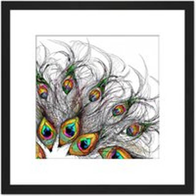 Abstract Line Art Peacock Feather Pen Ink Drawing Square Wooden Framed Wall Art Print Picture 8X8 Inch - Black - One Size