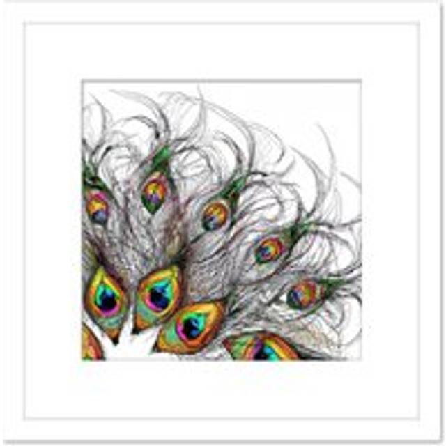 Abstract Line Art Peacock Feather Pen Ink Drawing Square Wooden Framed Wall Art Print Picture 8X8 Inch - White - One Size