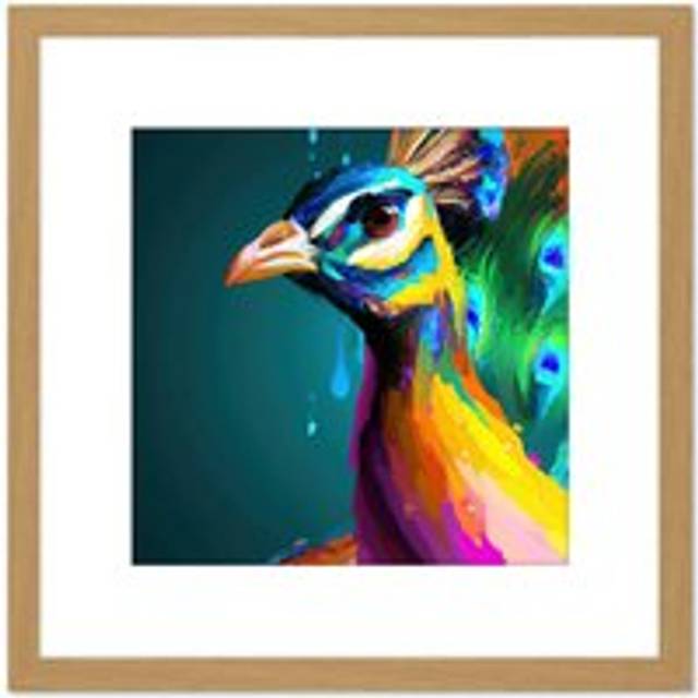 Peacock Bird Vibrant Bright Modern Contemporary Watercolour Painting Multicoloured Square Wooden Framed Wall Art Print Picture 8X8 Inch - Tan - One Si - One Size
