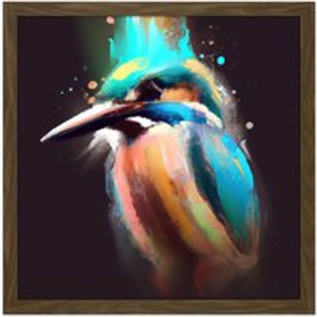 Wall Art Print Kingfisher Abstract Paint Splatter Bird Watercolour Painting Teal Turquoise Orange Square Framed Picture 16X16 Inch - Brown - W16 inch - W16 inch x H16 inch