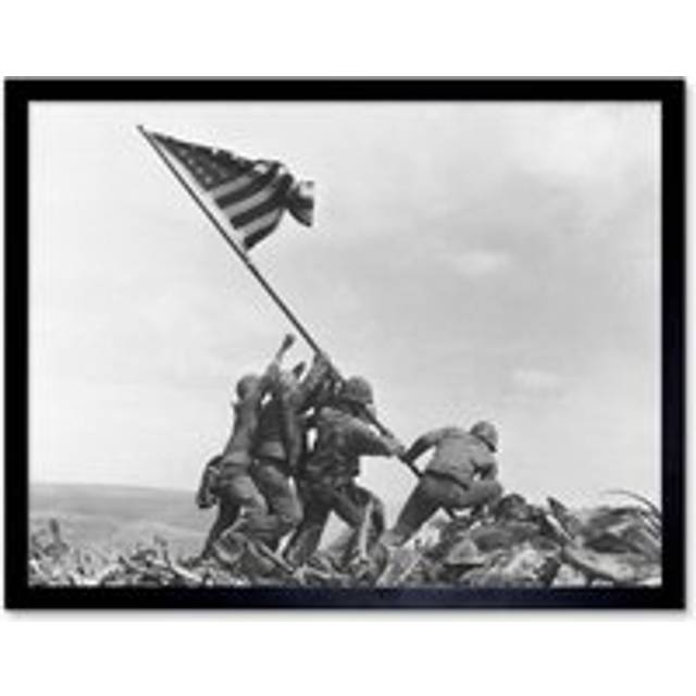 Wall Art Print Joe Rosenthal Marines Raising American Flag 1945 Photo Iwo Jima Iconic WW2 Black and White Art Framed - W12 inch x H16 inch