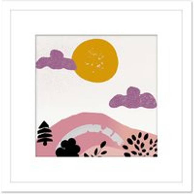 Abstract Landscape Countryside Sun And Hills Modern Boho Bohemian Soft Purple Watercolour Painting Square Wooden Framed Wall Art Print Picture 8X8 Inc - White - One Size