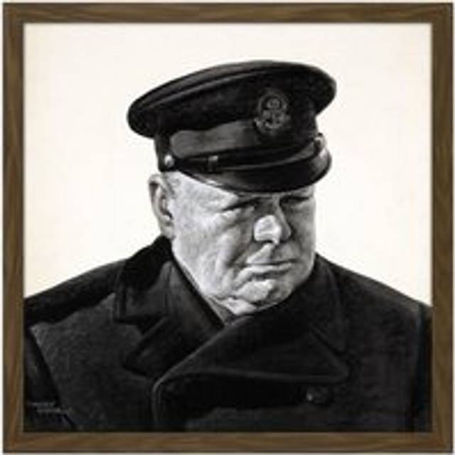 Wall Art Print Stone Portrait UK Prime Minister Winston Churchill Painting Square Framed Picture 16X16 Inch - Brown - W16 inch x H16 inch