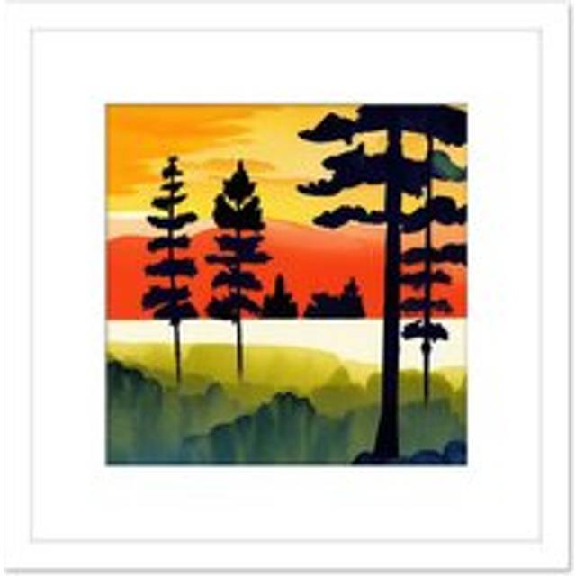 Sunset Forest Tree Silhouette Yellow Orange Landscape Watercolour Painting Square Wooden Framed Wall Art Print Picture 8X8 Inch - White - One Size