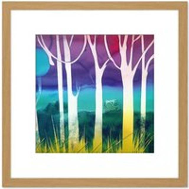 Jungle Forest Multicoloured Bright Modern Abstract Tree Pastel Watercolour Painting Square Wooden Framed Wall Art Print Picture 8X8 Inch - Tan - One S - One Size