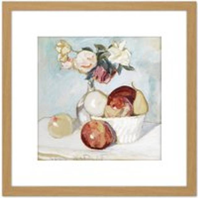 Painting Still Life Faber Du Faur Roses Fruits 8X8 Inch Square Wooden Framed Wall Art Print Picture with Mount - Tan - One Size