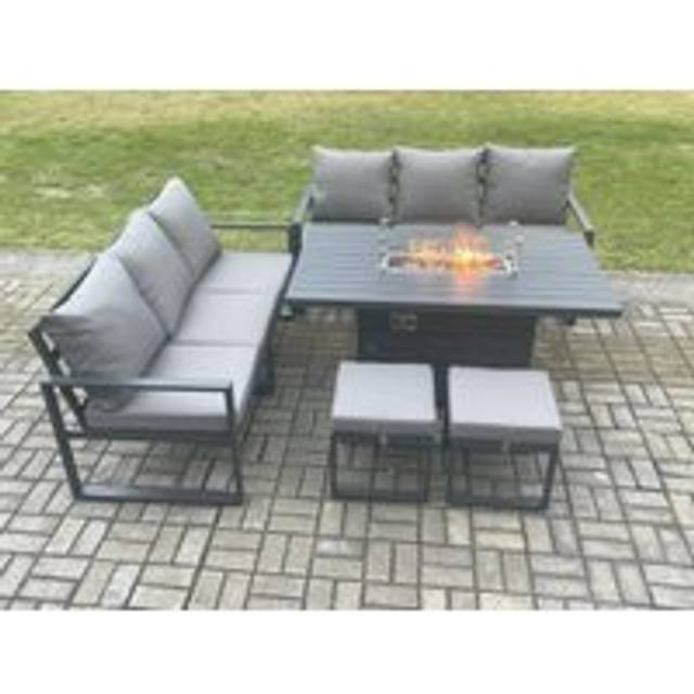Aluminium 8 Seater Outdoor Garden Furniture Lounge Sofa Set Gas Fire Pit Dining Table with 2 Small Footstools Dark Grey - Fimous