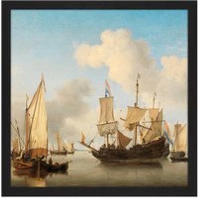 Wall Art Print Van De Velde Ships At Anchor On Coast Square Framed Picture 16X16 Inch - Black - W16 inch x H16 inch
