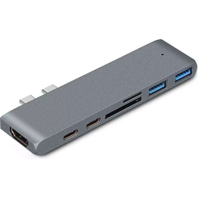 NÖRDIC 2 till 7 USB-C dubbla monitorer dockningsstation för MacBook Pro och Air 1xHDMI 4K30Hz 1xThunderbolt 3xUSB-C 5K60Hz 40G 1xUSB-C 100W PD