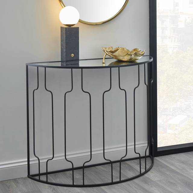 Caprisse Mirrored Glass Half Moon Console Table - Black
