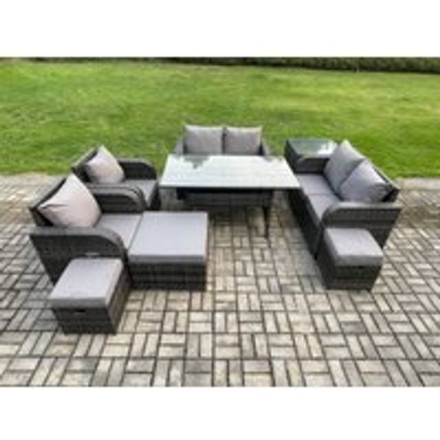 Outdoor Rattan Garden Furniture 9 piece Grey Patio Furniture Set 9 Seater Lounge Sofa Set with Rectangular Table Reclining Chairs 3 Stools Side Table