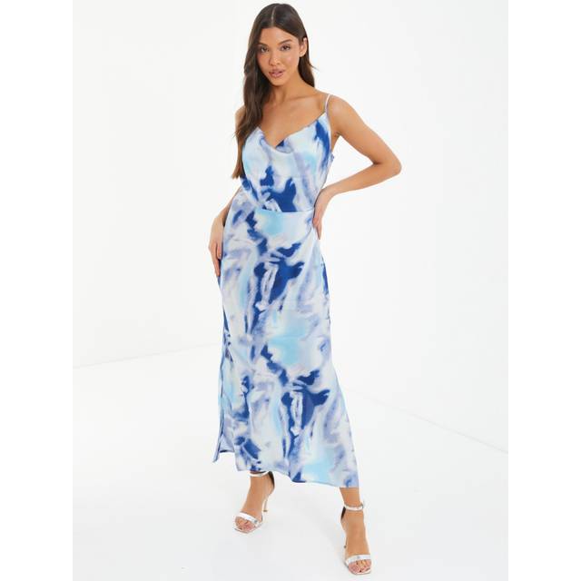Quiz Womens Blue Satin Marble Print Midi Dress - Size 16 UK