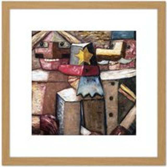Makowski Railwaymen Naive Cubist Painting 8X8 Inch Square Wooden Framed Wall Art Print Picture with Mount - Tan - One Size