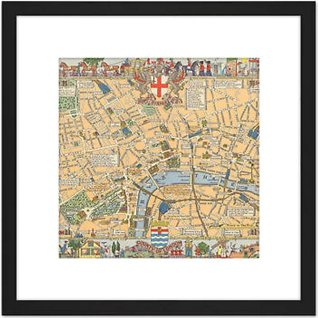 1938 Childrens Map Of London 8X8 Inch Square Wooden Framed Wall Art Print Picture with Mount - Black - One Size