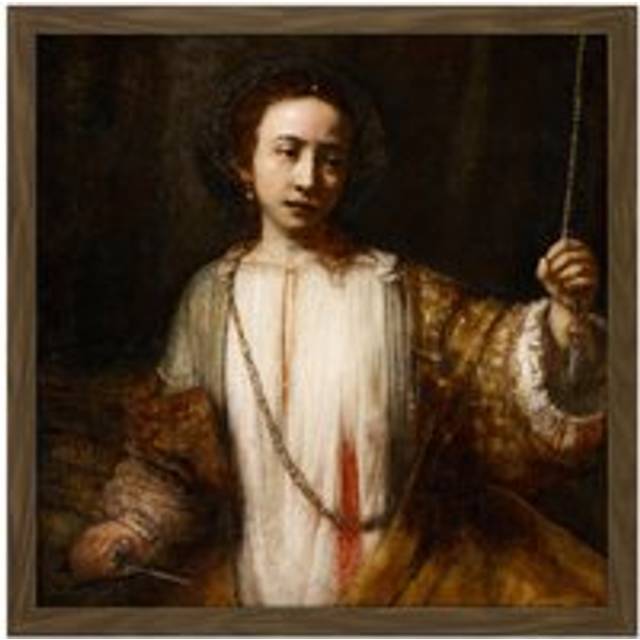 Wall Art Print Rembrandt Lucretia Square Framed Picture 16X16 Inch - Brown - W16 inch x H16 inch
