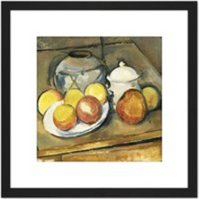 Paul Cezanne Straw Trimmed Vase Sugar Bowl And Apples Cropped 8X8 Inch Square Wooden Framed Wall Art Print Picture with Mount - Black - One Size