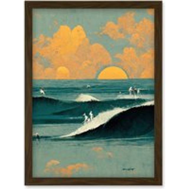Surfers Surfing Chasing Waves at Sunset Teal Mustard Abstract Oil Paint Artwork Framed Wall Art Print A4 - Brown - One Size