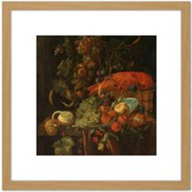 De Heem Still Life Fruit And A Lobster Painting 8X8 Inch Square Wooden Framed Wall Art Print Picture with Mount - Tan - One Size