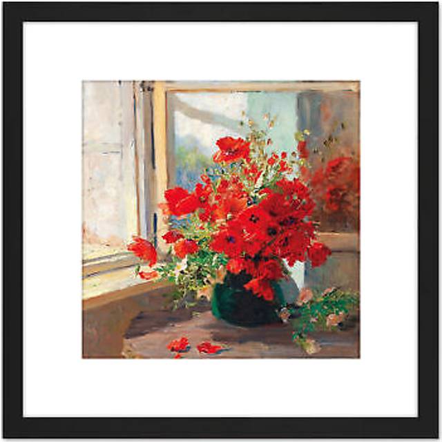 Florian Bouquet Poppies Window Flowers Painting 8X8 Inch Square Wooden Framed Wall Art Print Picture with Mount - Black - One Size