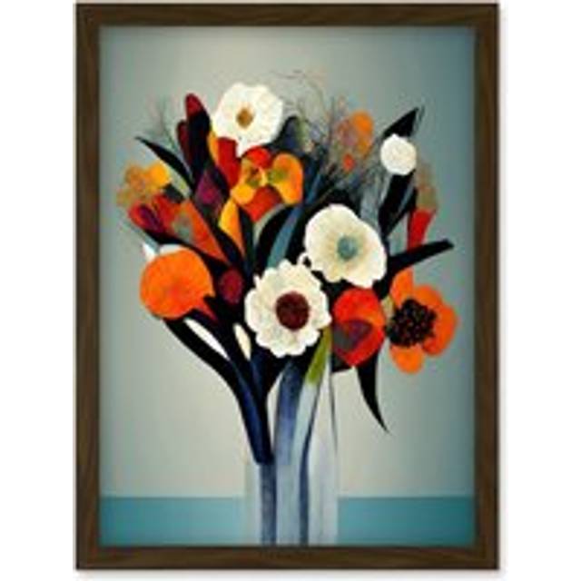 Modern Abstract Winter Flower Floral Bouquet Orange Yellow Blue White Acrylic Paint Artwork Framed Wall Art Print A4 - Brown - One Size
