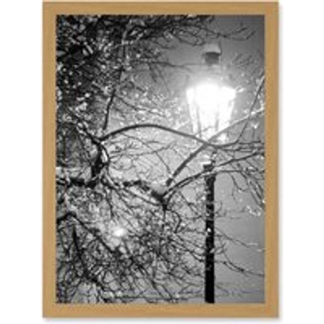 Street Lamp Paris France Winter Night Black White A4 Artwork Framed Wall Art Print - Tan - One Size