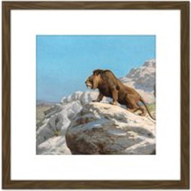 Gerome Lion On The Watch 8X8 Inch Square Wooden Framed Wall Art Print Picture with Mount - Brown - One Size
