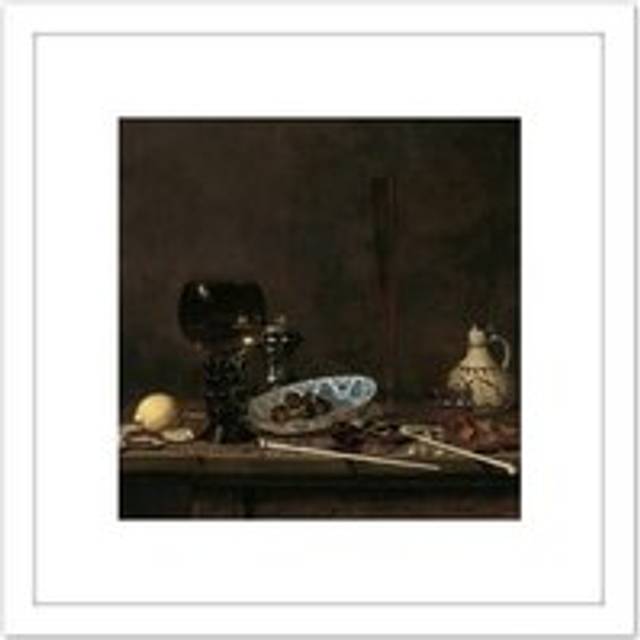 Van De Velde Still Life Flute Glass Jug Painting 8X8 Inch Square Wooden Framed Wall Art Print Picture with Mount - White - One Size