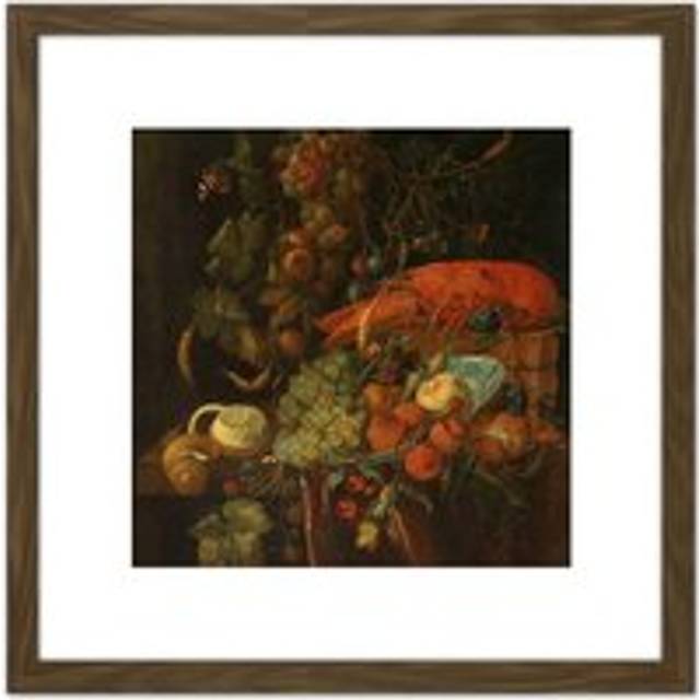 De Heem Still Life Fruit And A Lobster Painting 8X8 Inch Square Wooden Framed Wall Art Print Picture with Mount - Brown - One Size