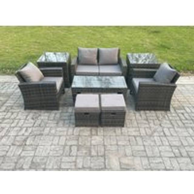 Fimous 8 PCS Outdoor Lounge Sofa Set Wicker PE Rattan Garden Furniture Set with Rectangular Coffee Table Armchair 2 Small Footstools Dark Grey Mixed