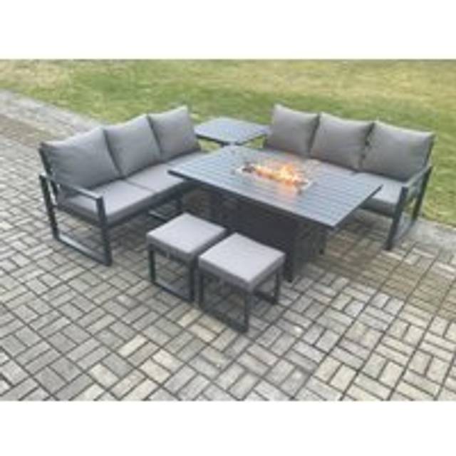 Aluminium 8 Seater Outdoor Garden Furniture Lounge Sofa Set Gas Fire Pit Dining Table with 2 Small Footstools Side Table Dark Grey - Fimous