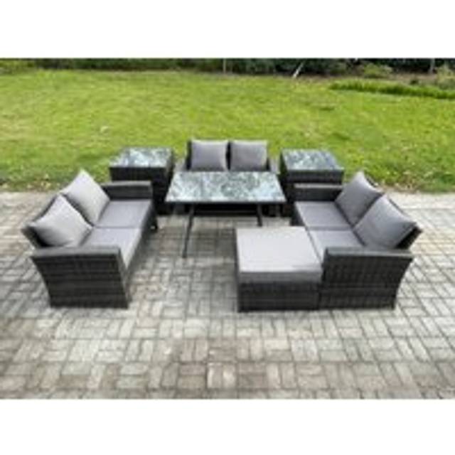 Fimous 7 PCS Outdoor Lounge Sofa Set Wicker PE Rattan Garden Furniture Set with Rectangular Dining Table Love Seat Sofa 2 Side Tables Big Footstool Da