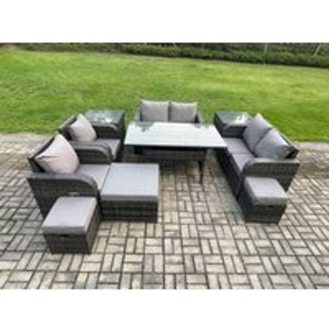 Fimous Outdoor Rattan Garden Furniture 10 piece Grey Patio Furniture Set 9 Seater Lounge Sofa Set with Rectangular Table Reclining Chairs 3 Stools 2 S