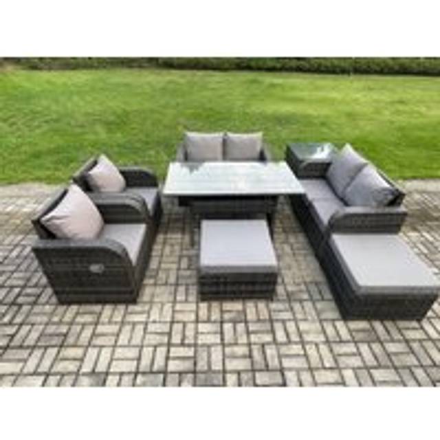 Outdoor Rattan Garden Furniture 8 piece Grey Patio Furniture Set 8 Seater Lounge Sofa Set with Rectangular Table Reclining Chairs 2 Big Stools Side
