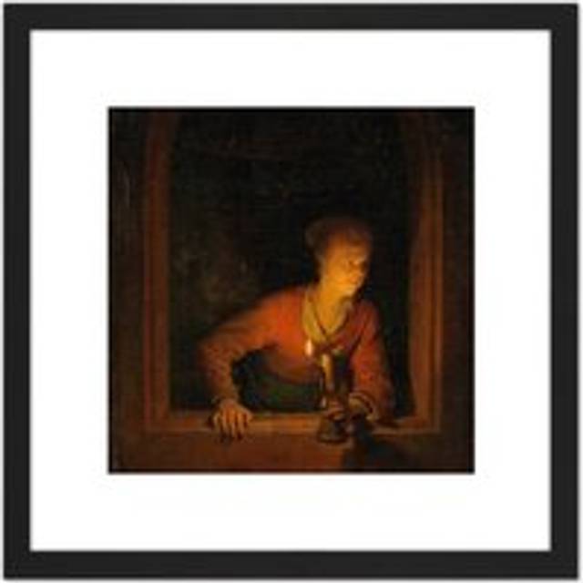 Gerard Dou Girl With Oil Lamp At Window Painting 8X8 Inch Square Wooden Framed Wall Art Print Picture with Mount - Black - One Size