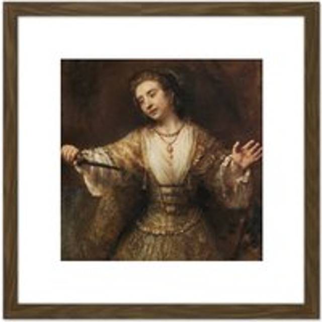 Rembrandt Lucretia With Knife Painting 8X8 Inch Square Wooden Framed Wall Art Print Picture with Mount - Brown - One Size