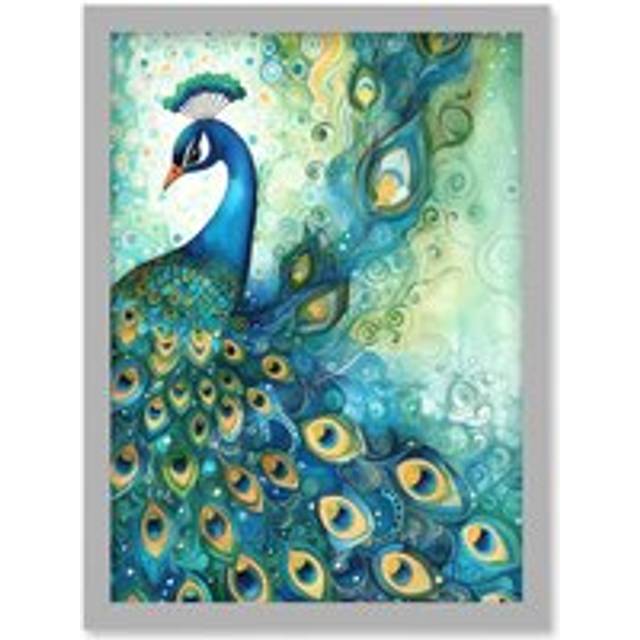 Peacock Bird Concept Folk Art Watercolour Painting Artwork Framed Wall Art Print A4 - Grey - One Size