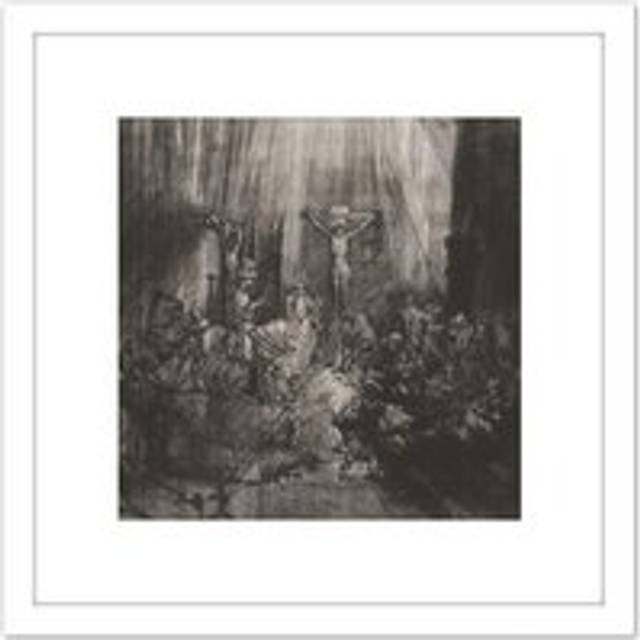 Rembrandt The Three Crosses Painting 8X8 Inch Square Wooden Framed Wall Art Print Picture with Mount - White - One Size
