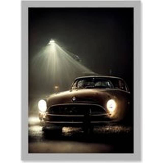 Cinematic Atmospheric Night Shot Of Vintage Car Headlights Artwork Framed Wall Art Print A4 - Grey - One Size